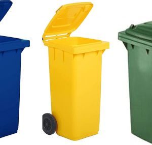 BIDONE PORTAIMMONDIZIE QUADRO GIALLOBLU-VERDE C/COPERCHIO+RUOTE LT.120