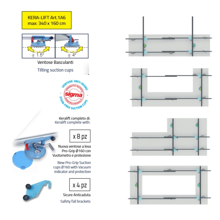 KERA-LIFT CM. 340X160 6+2 ventose + 4 sicure anticaduta "SIGMA"
